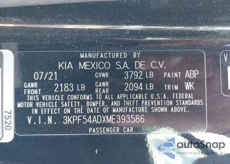 2021 Kia Forte Ex из США, поврежденный, VIN 3KPF54ADXME393586